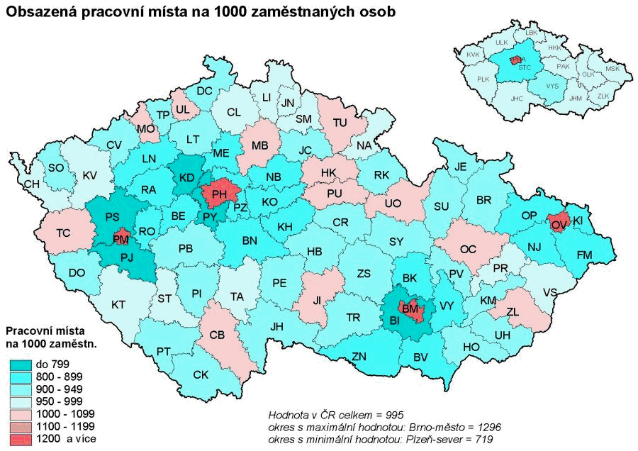 Kartogram 17. Obsazená pracovní místa na 1 000 zaměstnaných osob